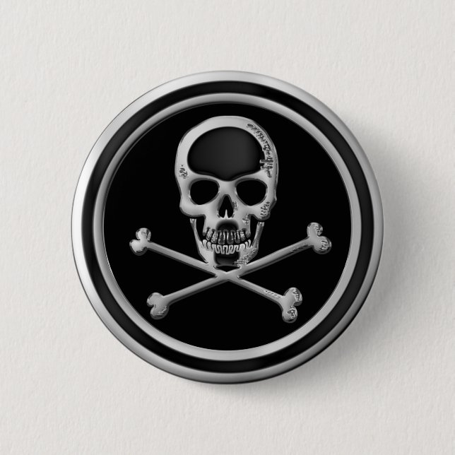 CHROME SKULL AND CROSSBONES PINBACK BUTTON (Front)