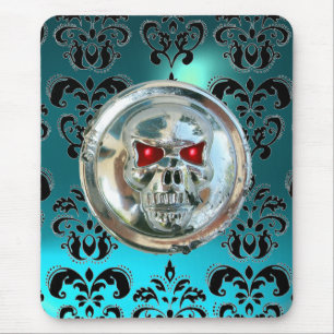 CHROME SKULL ,Damask, Blue Aquamarine Mouse Pad