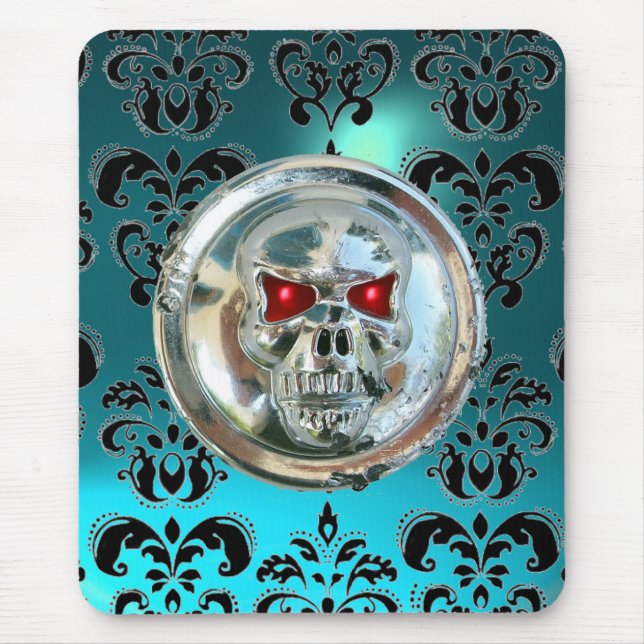 CHROME SKULL ,Damask, Blue Aquamarine Mouse Pad (Front)