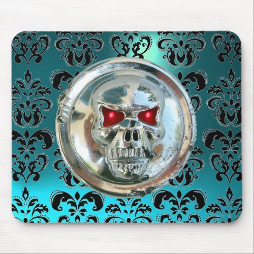 CHROME SKULL Damask Blue Aquamarine Mouse Pad