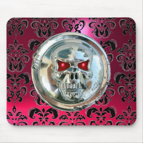 CHROME SKULL Damask Pink Red Ruby Mouse Pad