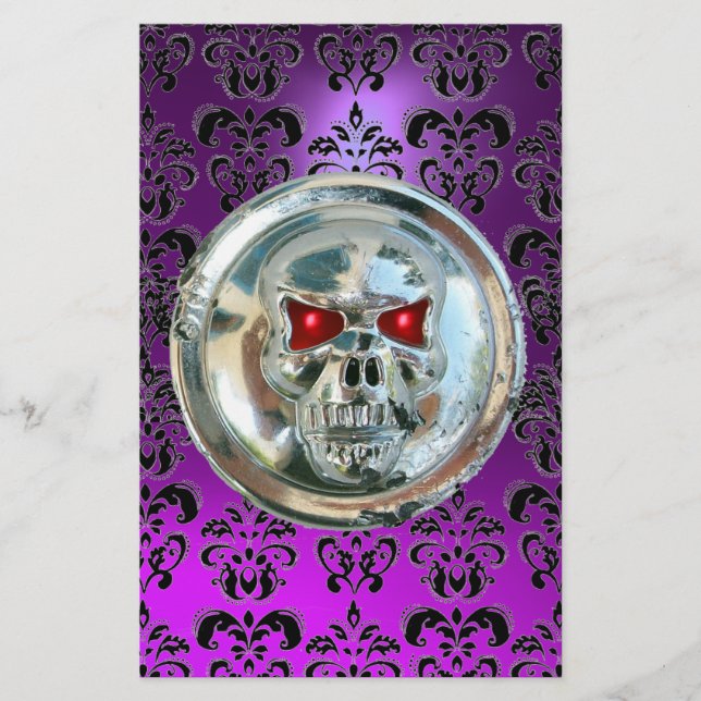 CHROME SKULL DAMASK Purple Amethyst Stationery (Front)
