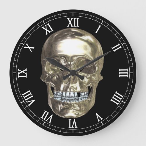 Chrome Skull Round Roman Numerals Clock