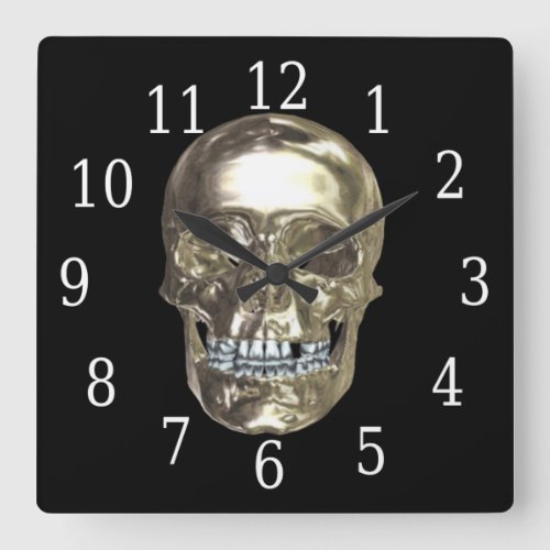 Chrome Skull Square Clock