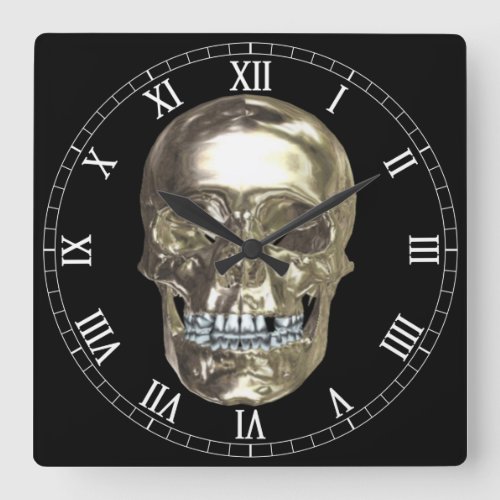Chrome Skull Square Roman Numerals Clock