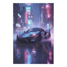 Chrome Sports Car in Cyberpunk Neon City at Night