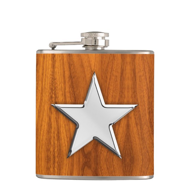 Chrome Star on Teak Print Flask (Front)