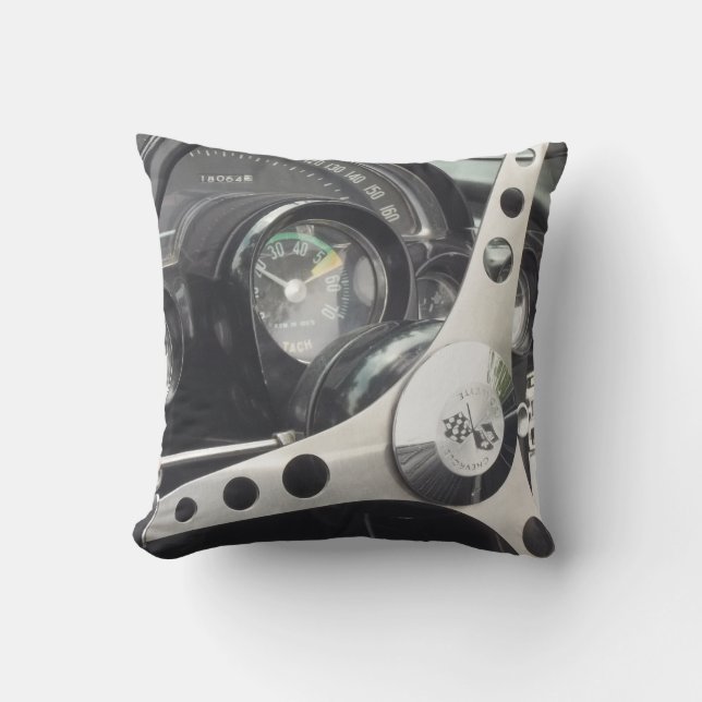 Chrome Steering wheel and black gages corvette Throw Pillow (Front)