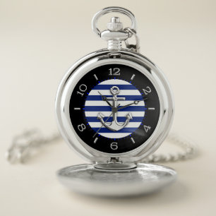 Chrome Style Anchor on Navy Stripes Dial Pocket Watch
