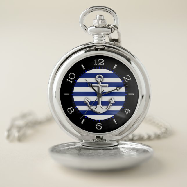 Chrome Style Anchor on Navy Stripes Dial Pocket Watch (Inside)