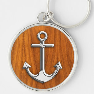Chrome Style Anchor on Teak Veneer Keychain