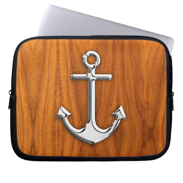Chrome Style Anchor on Teak Veneer Laptop Sleeve (Front)