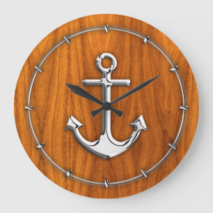 Chrome Style Anchor on Teak Veneer Large Clock
