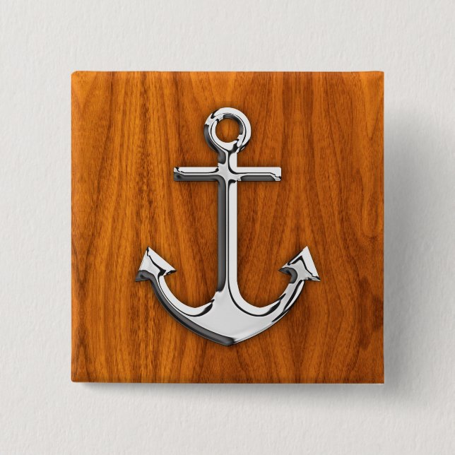 Chrome Style Anchor on Teak Veneer Pinback Button (Front)
