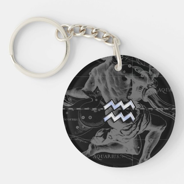Chrome Style Aquarius Zodiac Symbol on Hevelius Keychain (Front)