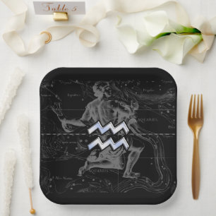 Chrome Style Aquarius Zodiac Symbol on Hevelius Paper Plates