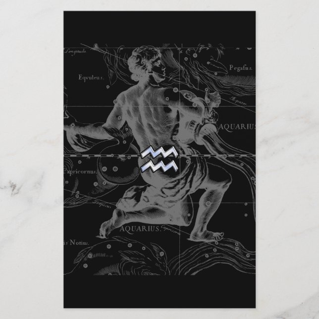 Chrome Style Aquarius Zodiac Symbol on Hevelius Stationery (Front)