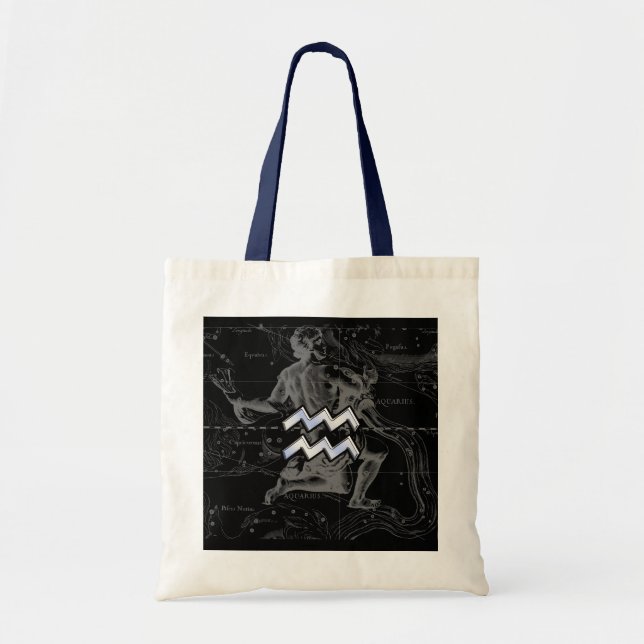 Chrome Style Aquarius Zodiac Symbol on Hevelius Tote Bag (Front)