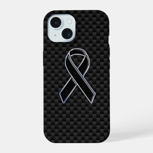Chrome Style Black Ribbon Awareness Carbon Fiber iPhone 15 Case