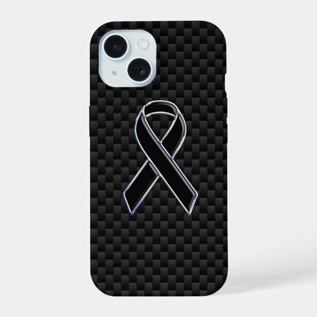 Chrome Style Black Ribbon Awareness Carbon Fiber iPhone 15 Case (Back)