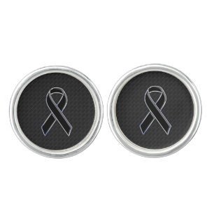 Chrome Style Black Ribbon Awareness Decor Cufflinks