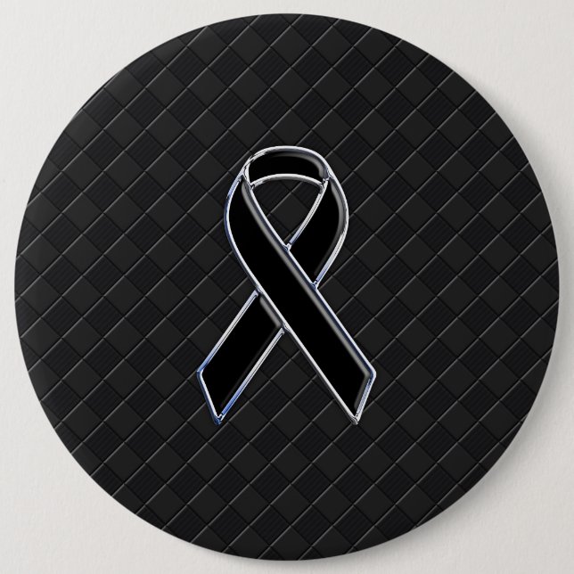 Chrome Style Black Ribbon Awareness Decor Pinback Button (Front)
