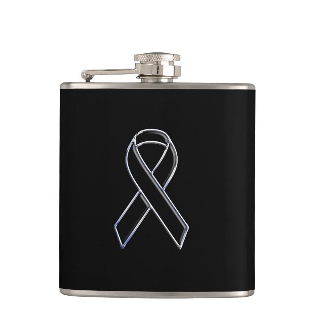 Chrome Style Black Ribbon Awareness on Black Flask (Front)