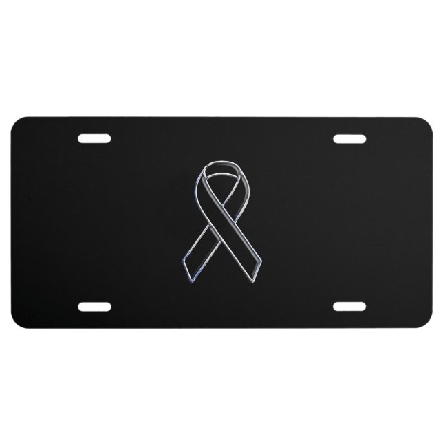 Chrome Style Black Ribbon Awareness on Black License Plate (Front)