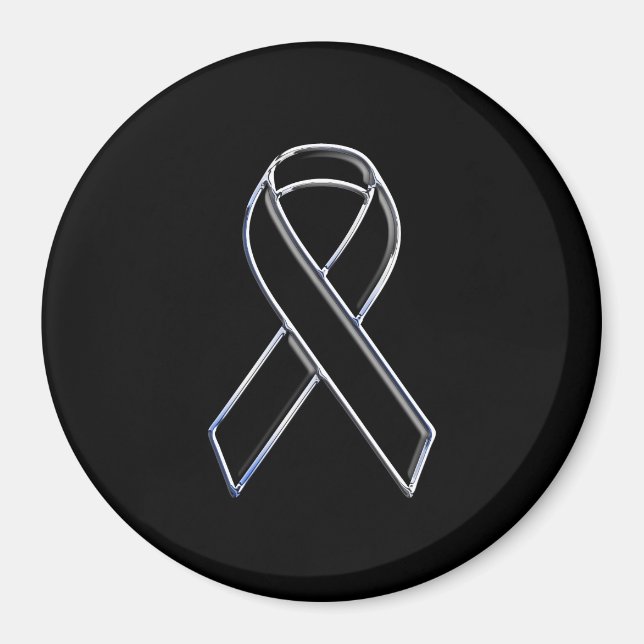 Chrome Style Black Ribbon Awareness on Black Magnet (Front)