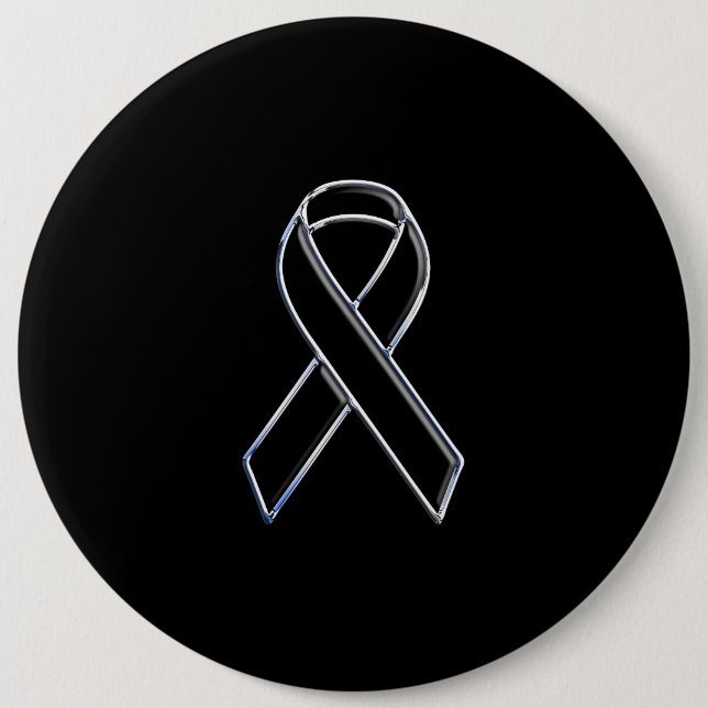 Chrome Style Black Ribbon Awareness on Black Pinback Button (Front)