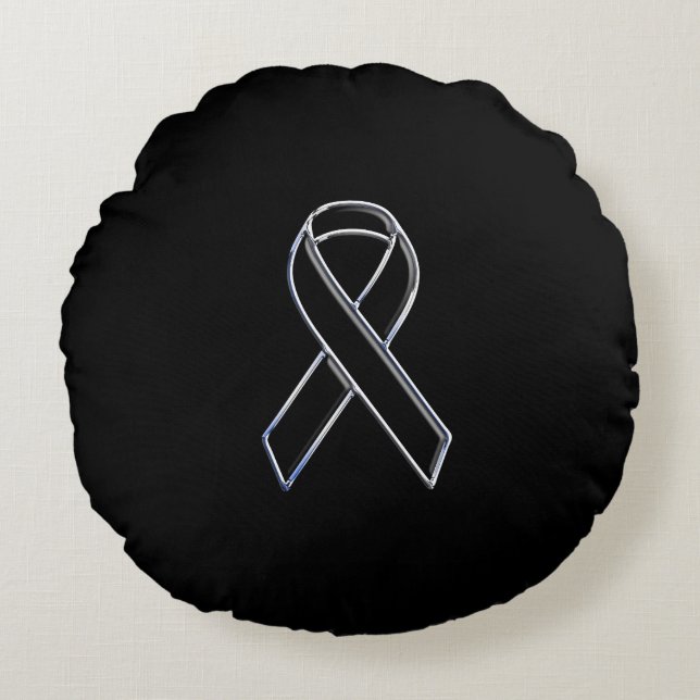 Chrome Style Black Ribbon Awareness on Black Round Pillow (Front)