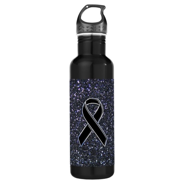 Chrome Style Black Ribbon Awareness Print Stainless Steel Water Bottle (Front)