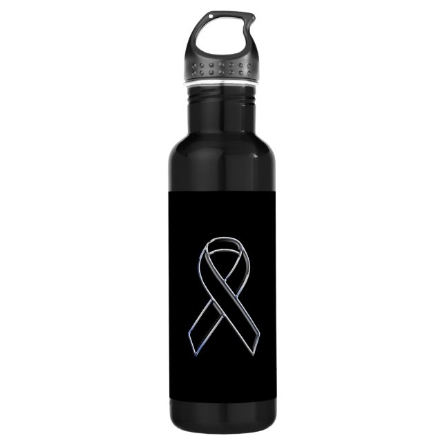 Chrome Style Black Ribbon Awareness Water Bottle (Front)