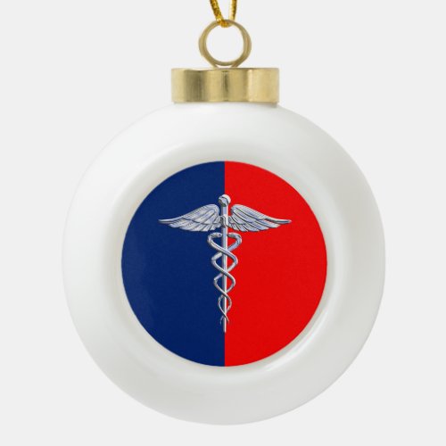 Chrome Style Caduceus Medical Symbol League Ceramic Ball Christmas Ornament