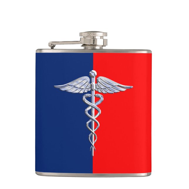 Chrome Style Caduceus Medical Symbol League Flask (Front)