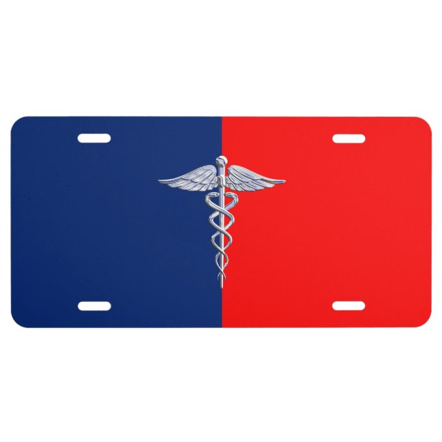 Chrome Style Caduceus Medical Symbol League License Plate (Front)