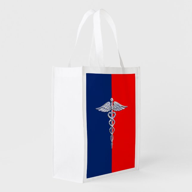 Chrome Style Caduceus Medical Symbol League Reusable Grocery Bag (Back Side)