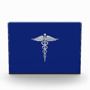 Chrome Style Caduceus Medical Symbol on Navy Blue Acrylic Award