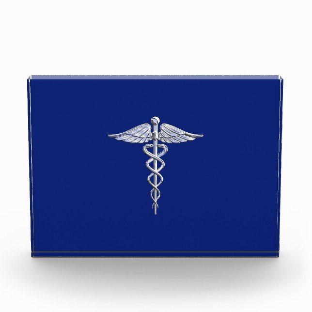 Chrome Style Caduceus Medical Symbol on Navy Blue Acrylic Award (Front)