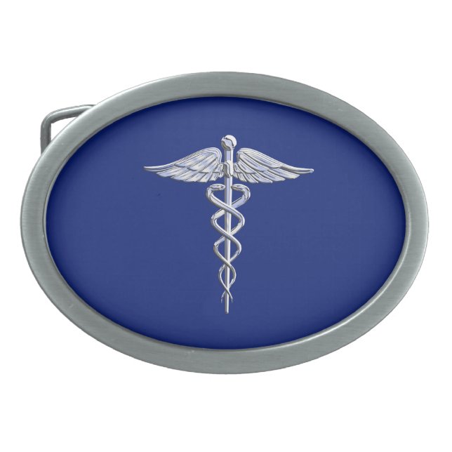 Chrome Style Caduceus Medical Symbol on Navy Blue Belt Buckle (Front)