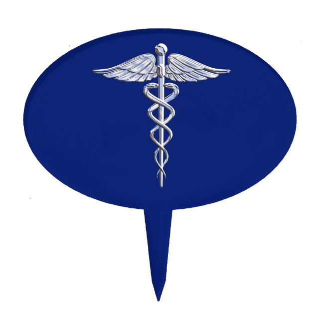 Chrome Style Caduceus Medical Symbol on Navy Blue Cake Topper (Front)