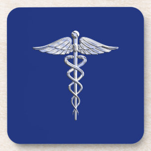 Chrome Style Caduceus Medical Symbol on Navy Blue Drink Coaster