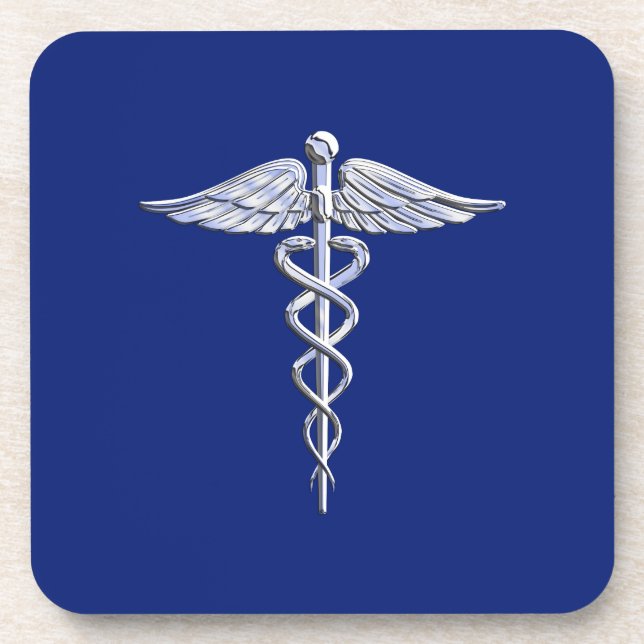 Chrome Style Caduceus Medical Symbol on Navy Blue Drink Coaster (Front)