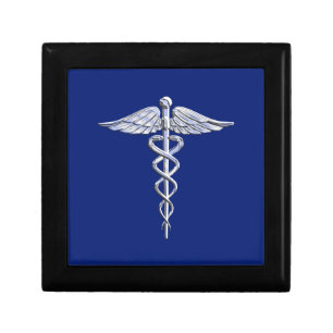 Chrome Style Caduceus Medical Symbol on Navy Blue Gift Box
