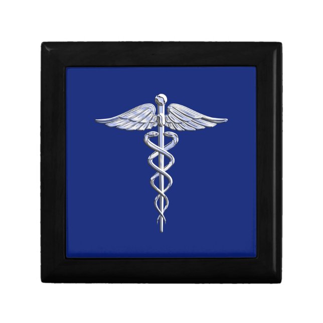 Chrome Style Caduceus Medical Symbol on Navy Blue Gift Box (Front)