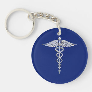Chrome Style Caduceus Medical Symbol on Navy Blue Keychain