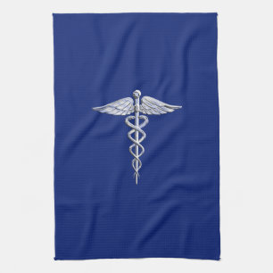 Chrome Style Caduceus Medical Symbol on Navy Blue Kitchen Towel