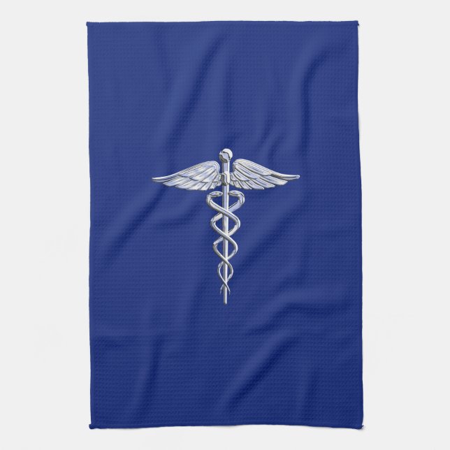 Chrome Style Caduceus Medical Symbol on Navy Blue Kitchen Towel (Vertical)