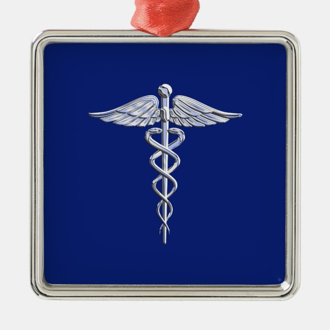 Chrome Style Caduceus Medical Symbol on Navy Blue Metal Ornament (Front)