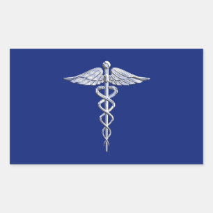 Chrome Style Caduceus Medical Symbol on Navy Blue Rectangular Sticker